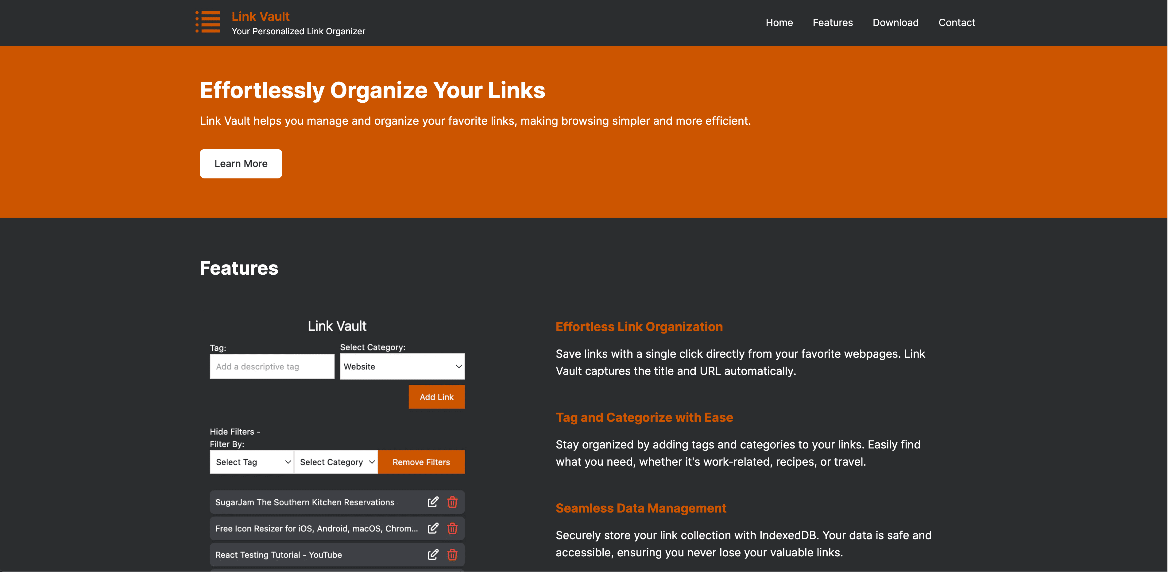 My Link Vault home page